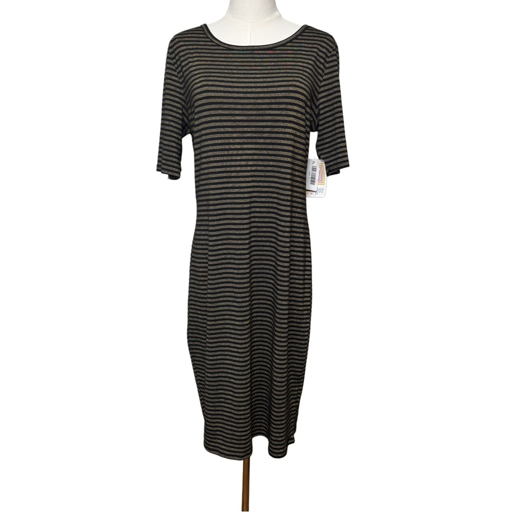 {LuLaRoe} "Julia" Black Gold Striped Pull On Crew Neck Holiday Maxi Dress